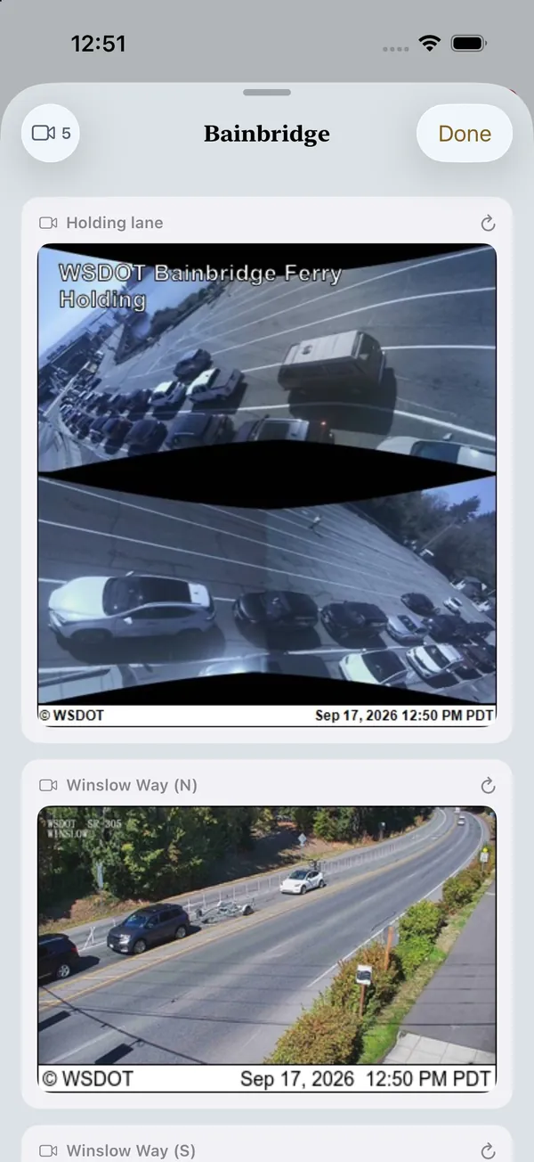WSDOT terminal cameras for Bainbridge, each stamped with its time