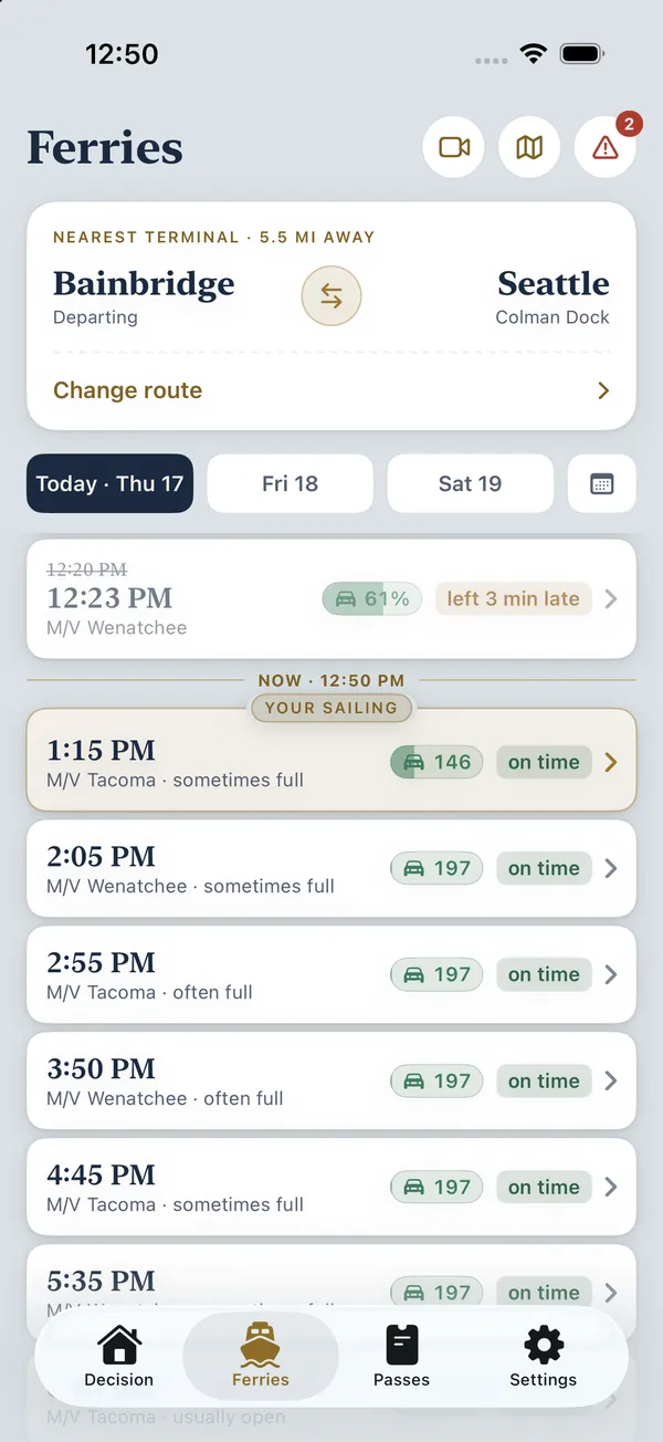 The Ferries tab: a day of sailings with drive-up space pills on the right and a departed sailing marked left 3 min late