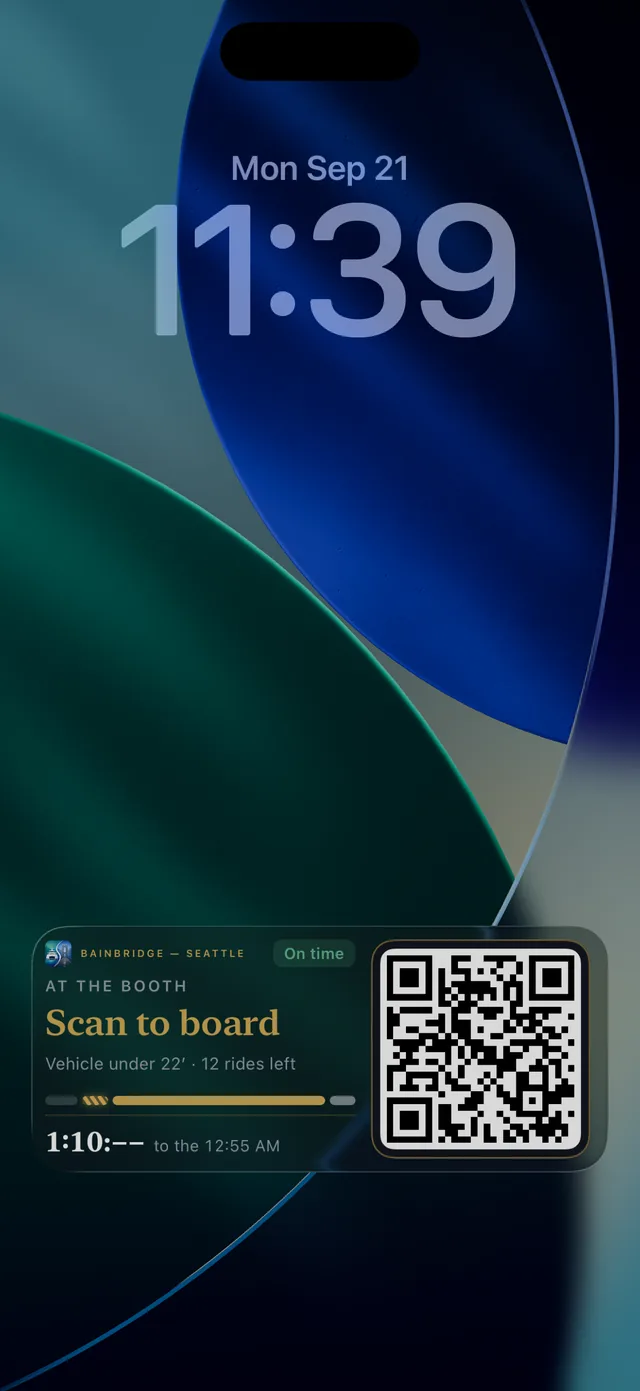 Lock Screen booth card: Scan to board, vehicle under 22 feet, 12 rides left, the boarding QR at tollbooth size, 1 hour 10 minutes to the 12:55 AM