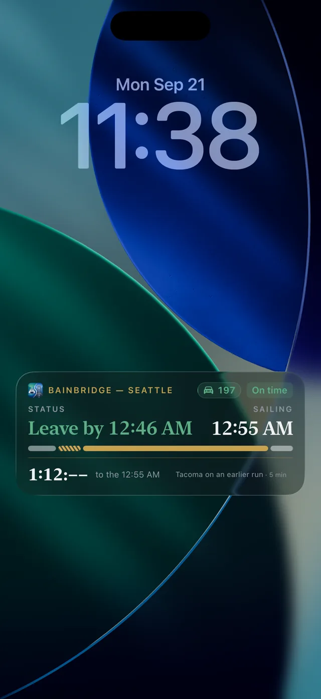 Lock Screen at 11:38 PM with the FerryOrNot card: Bainbridge to Seattle, 197 cars, on time, leave by 12:46 AM for the 12:55 AM, 1 hour 12 minutes to go, Tacoma on an earlier run