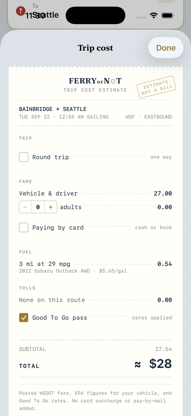 Trip cost receipt: vehicle and driver fare $27.00, fuel 3 miles at 29 mpg $0.54, no tolls, total about $28